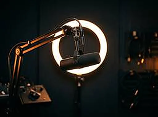 Microfone condensador ao lado de um ring light aceso