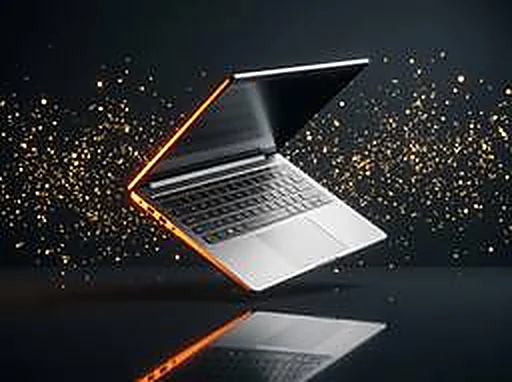 Notebook prateado aberto sob uma luz dourada com confete em volta