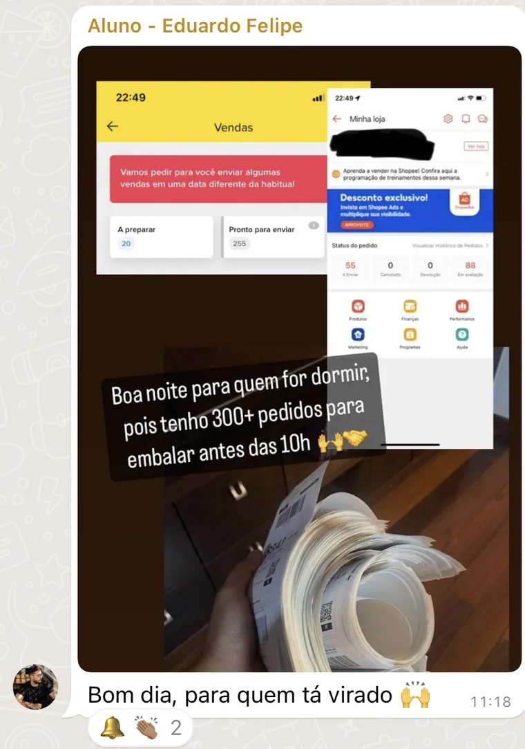 Painel da loja com 255 pedidos prontos para enviar e maço de etiquetas na mão