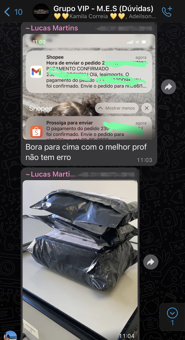Notificação de pagamento confirmado da Shopee e pacotes prontos para envio